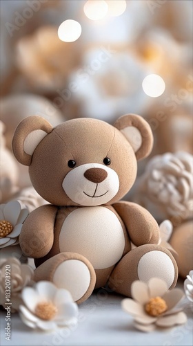 A cute teddy bear sits surrounded by paper flowers, with soft, diffused lighting creating a gentle and warm atmosphere.