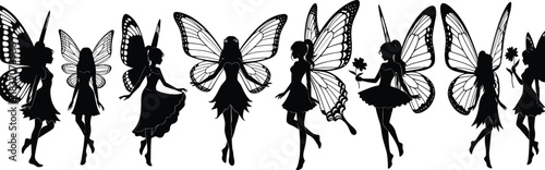 Silhouette fairy vector collection, magical winged girls, fantasy poses, enchanted creatures, dancing fairies, mystical icons, black fairy clipart illustration set