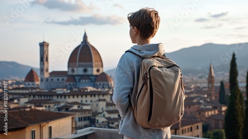 A teenage boy with a backpack stands on a rooftop, gazing at the cityscape of Florence, Italy, during a beautiful sunset.
