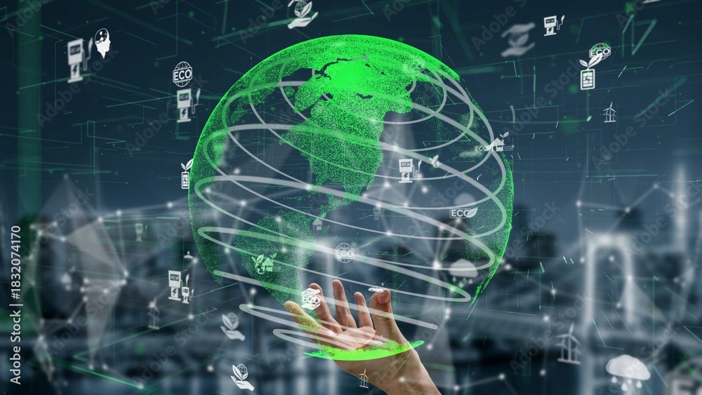 Naklejka premium A digital globe illustrates sustainable development with various eco-friendly icons, highlighting innovation and connection to nature in a modern design. Xenic