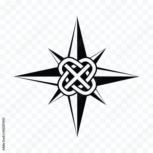 Black and white compass rose with interwoven knot design in center wind rose direction