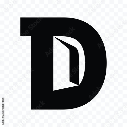 Black letter D with an open door illusion and shadow effect on checkered background alphabet