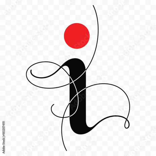 Black lowercase letter i with red circle dot and flowing black lines on transparent checkered background