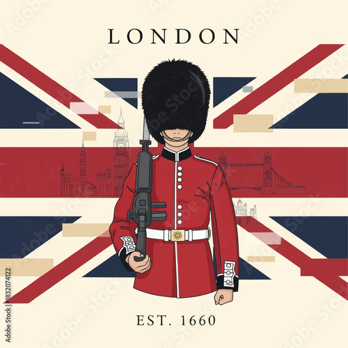 vector illustration of British royal guard, Union Jack motifs