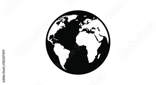 A striking black and white depiction of planet earth with detailed continental forms silhouette