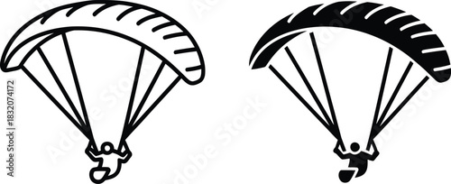 Two paraglider icons one outline one solid vactor black silhouette parachute skydiving