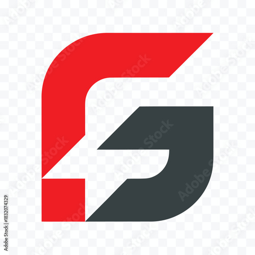 Red and dark gray abstract graphic symbol with sharp angles and curves logo