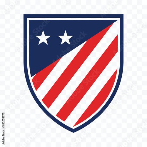 Shield logo with red white stripes and two white stars on blue background emblem crest