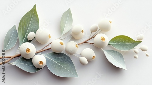 A close-up of a branch with white berries and green leaves, set against a clean white background. The image has a minimalist and elegant design.