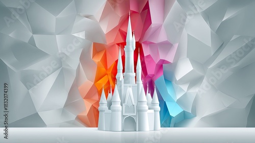 A white castle model stands in front of a colorful geometric background, creating a vibrant and modern visual.