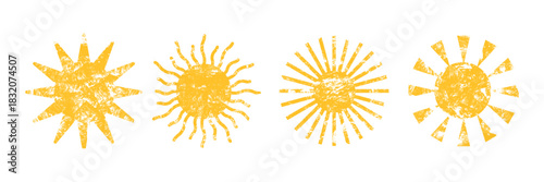 Set of hand-drawn crayon sun icons with playful chalk texture. Cute children’s style suns with rough grainy strokes, warm yellow colors and vintage crayon effect for kids design and summer artwork.