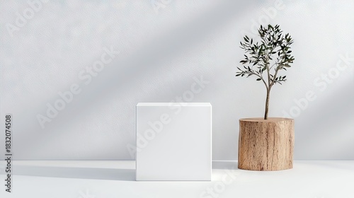 A white cube and a small tree in a wooden base are displayed against a white wall with shadows. The minimalist setting evokes a sense of calm and simplicity.