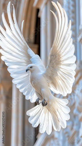 A white dove with outstretched wings is captured in mid-flight against a blurred architectural backdrop, bathed in bright, natural light.