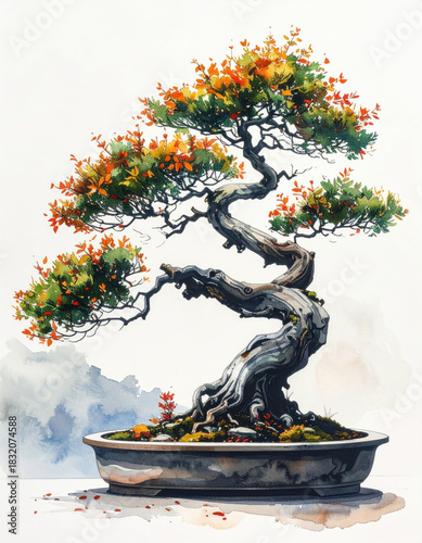 Serene watercolor illustration of windswept bonsai tree with dramatic shape. This beautiful Japanese art piece shows miniature plant with green leaves and orange flowers