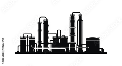 A striking black and white image depicting an industrial complex and refinery structure silhouette