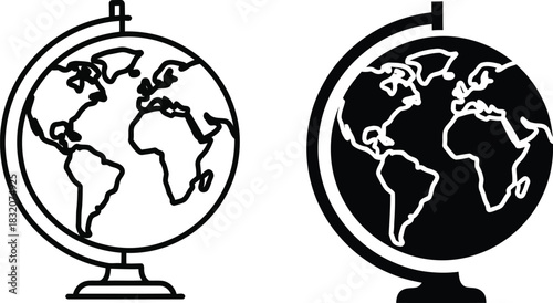 Two simple line art globes one vactor black and white one outline on white background