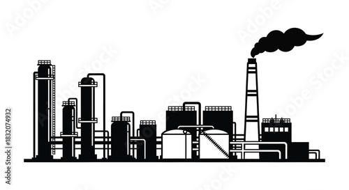 Industrial complex with factory smokestacks and buildings depicted in a striking black silhouette
