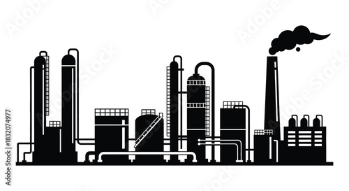 an industrial cityscape with factory buildings smokestacks and pipes in a dark silhouette