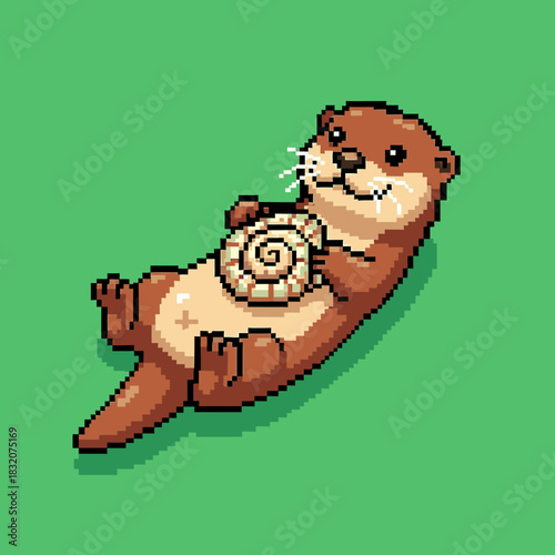 Cute pixel art otter floating on its back, holding a spiral shell on its belly against a green background.