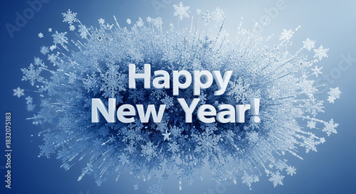 Happy new year text with snowflake explosion