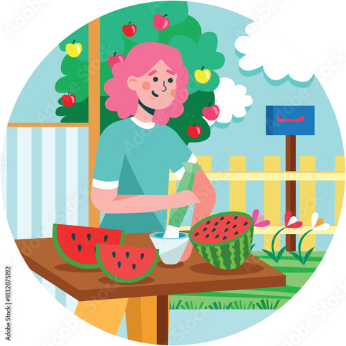Girl cook watermelon dessert outdoor flat vector
