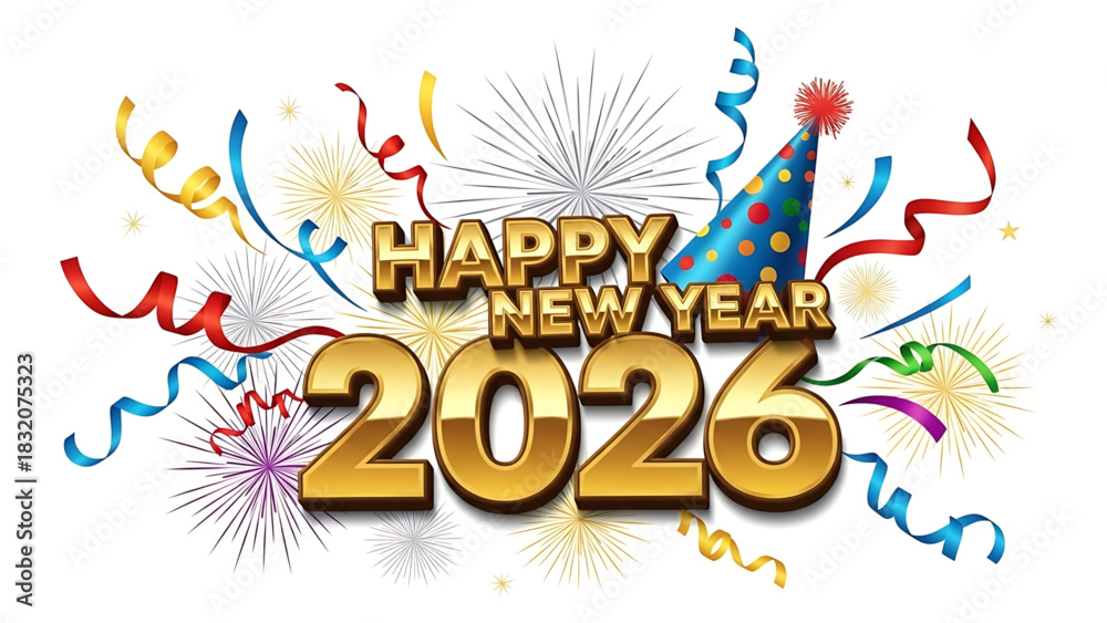 Fototapeta premium Festive Happy New Year 2026 celebration illustration with party elements