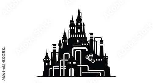 An intricately detailed black and white castle illustration a striking architectural silhouette