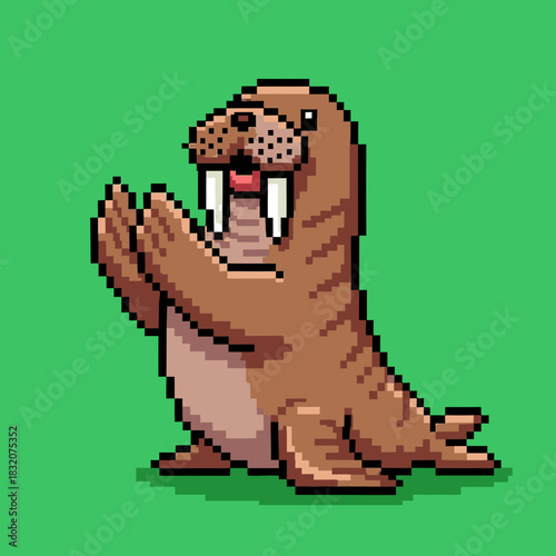 A cute pixel art walrus with tusks and flippers, standing upright on a solid green background.
