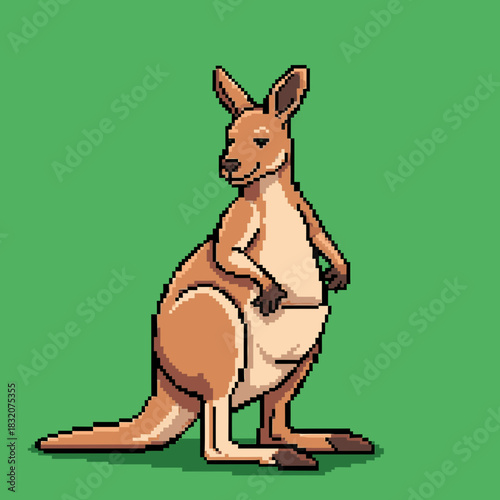 Pixel art illustration of a brown kangaroo standing on a green background, featuring a retro 8-bit style.