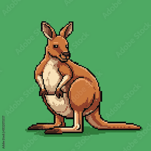 A pixel art illustration of a brown kangaroo standing on a green background, looking towards the viewer.