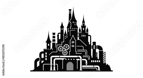 a detailed black and white illustration of a fantasy castle with steampunk elements silhouette