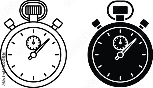 Two stopwatch icons one line art one solid vactor black silhouette timer time