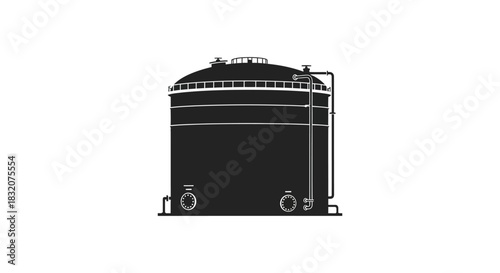 A detailed illustration of an industrial storage tank featuring a striking black silhouette