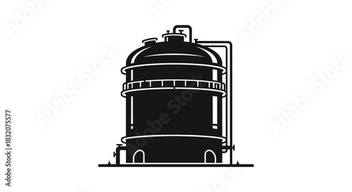 A detailed illustration of a large industrial storage tank depicted as a bold silhouette