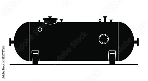 Detailed illustration of a horizontal industrial tank with fittings supports and a clear silhouette