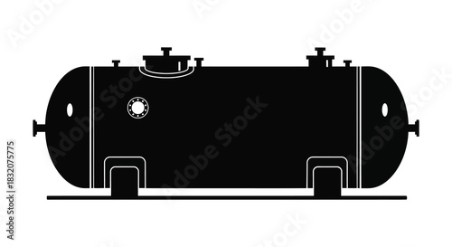 A black industrial tank on a ground level detailed outline and bold form silhouette