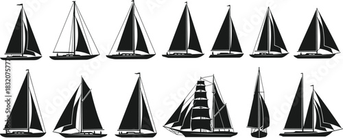 Sailboat silhouette vector set, black and white nautical icons, traditional and modern sail configurations for marine, travel, and maritime design themes