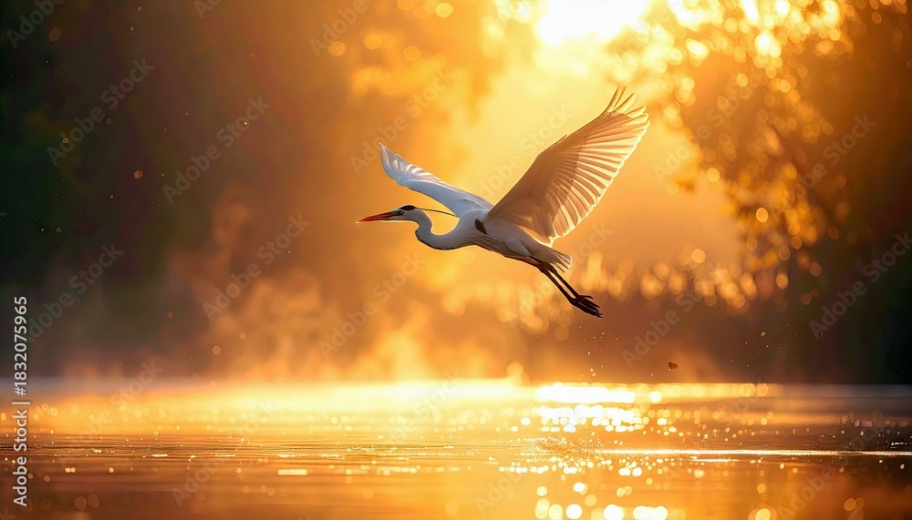 Obraz premium A white heron flies over a body of water, illuminated by the warm light of the setting sun. The image captures a moment of natural beauty and tranquility.