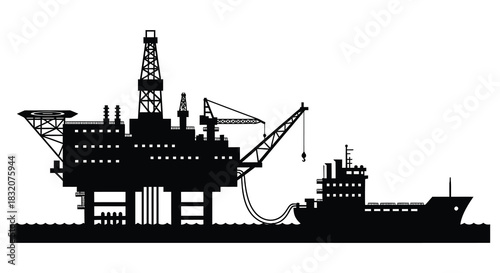A striking black silhouette of an oil rig a support vessel and maritime infrastructure silhouette
