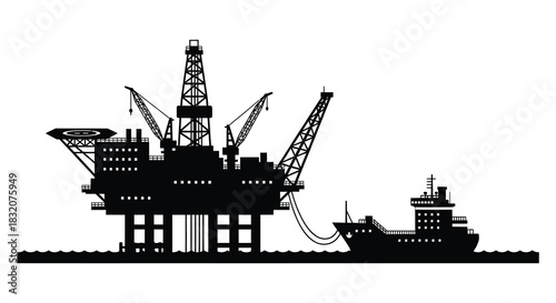 an offshore oil rig complex with a supply vessel presented as a bold silhouette