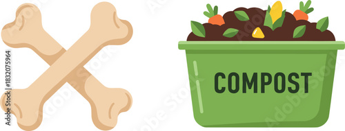 Crossed Bones and Compost Bin Vector Illustration, Organic Recycling, Decomposition, and Waste Management