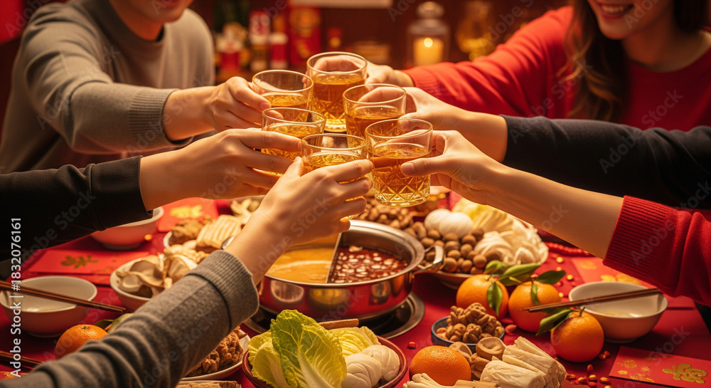Obraz premium People toasting with beverages at a festive gathering