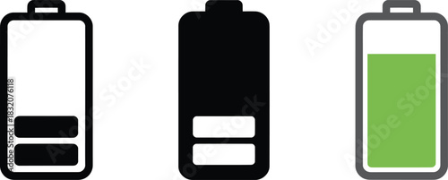 Battery charge level icon set line glyph and flat styles power supply indicator interface