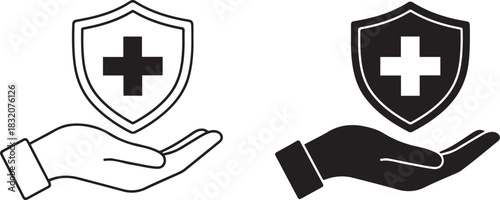 Hand Holding Shield with Medical Cross Symbol in Outline and Solid Styles vector illustration