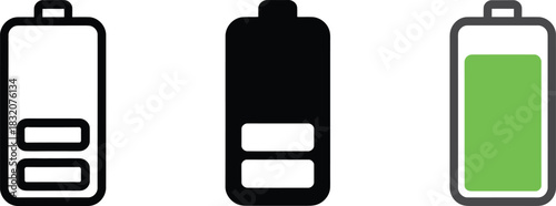 Battery charge level icon set line glyph and flat styles power supply indicator interface