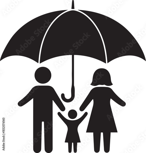 Family protected under umbrella icon symbol for insurance and safety protection