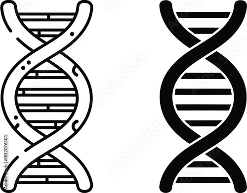 Two stylized D N A double helix icons one outlined and one solid vactor black dna helix icon