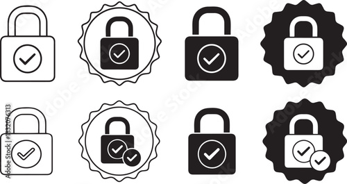 Collection of Padlock Icons with Checkmark Symbols for Security and Approval safety