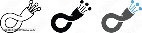 Fiber optic cable icon set showing outline solid glyph and color styles for technology and internet