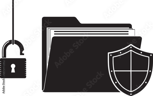 Folder with shield icon and unlocked padlock for data security documents files